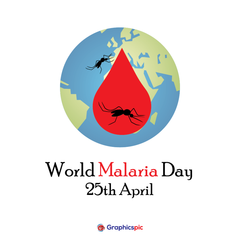 World malaria day with mosquitoes, blood drop in a circle frame and