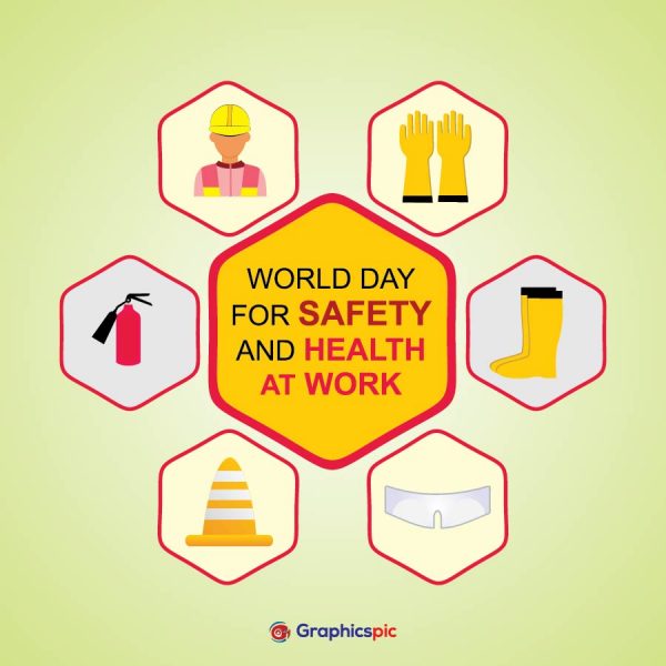 World day for safety and health at work with safety equipments set