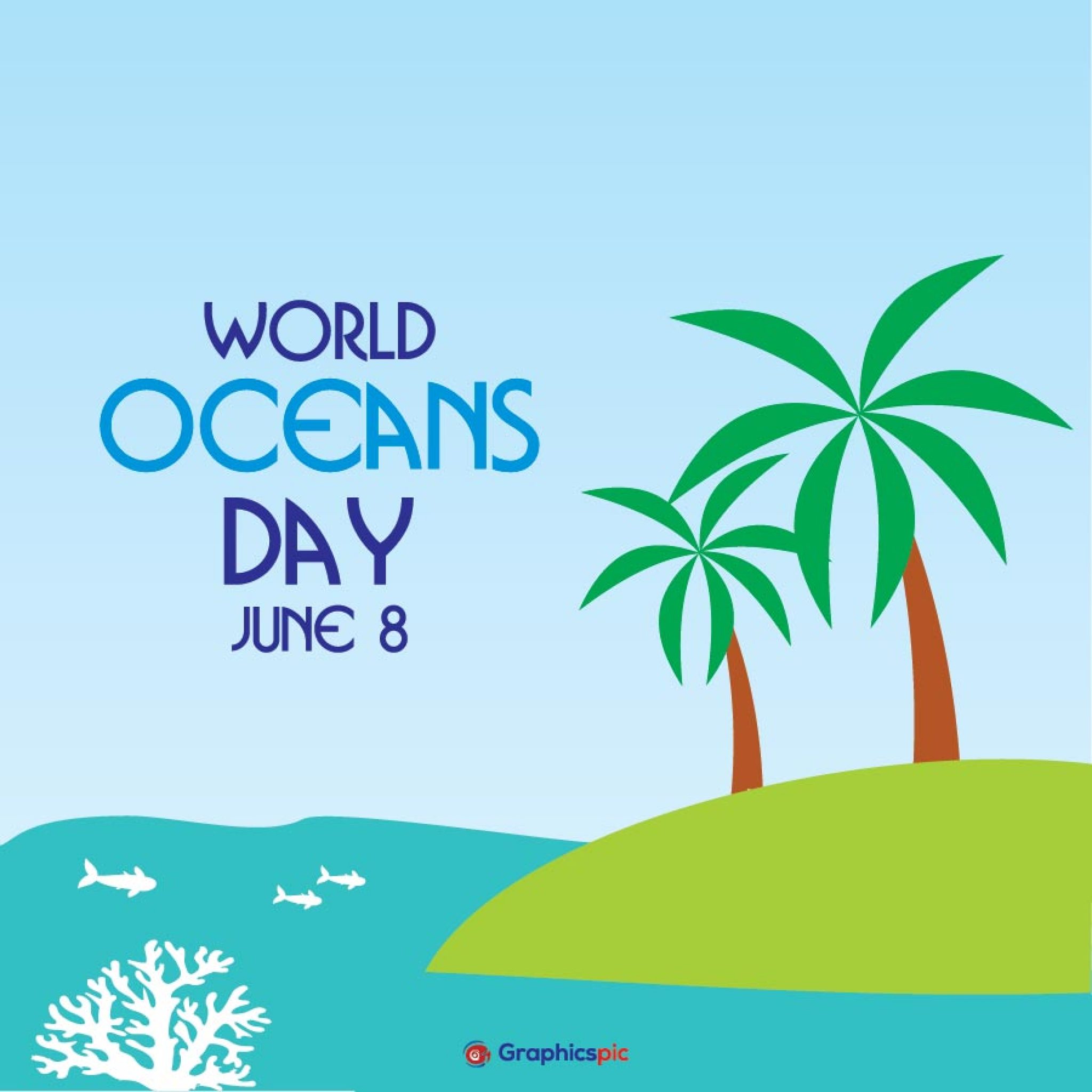 World oceans day 8 June background with coconut tree & whale